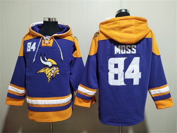 Men's  Purple/Yellow Minnesota Vikings #84 Randy Moss Ageless Must-Have Lace-Up Pullover Hoodie
